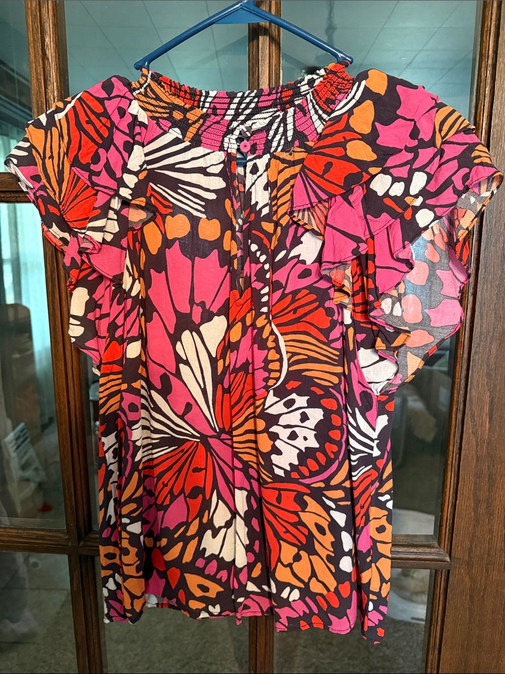 DR2 Womens Butterfly Wing Print Smocked Flutter Sleeve Blouse‎ Pink Orange M
